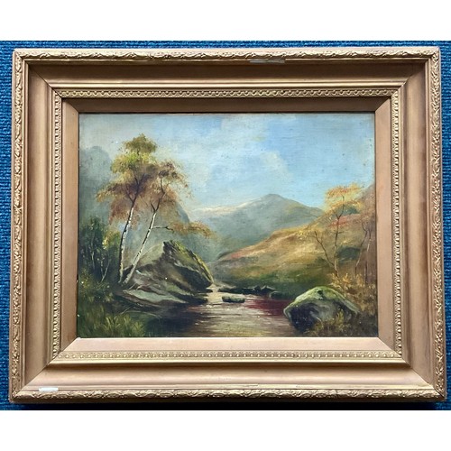 16 - GILT FRAMED 19TH CENTURY OIL ON CANVAS DEPICTING A MOUNTAIN STREAM, APPROX. 43 X 33 cm