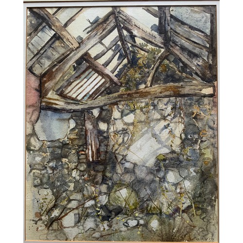 27 - WATERCOLOUR TITLED ABANDONED WELSH BARN LLANEGRYN SIGNED CORVIN 82  JOHN CORVIN 39cm x  32cm FRAME  ... 