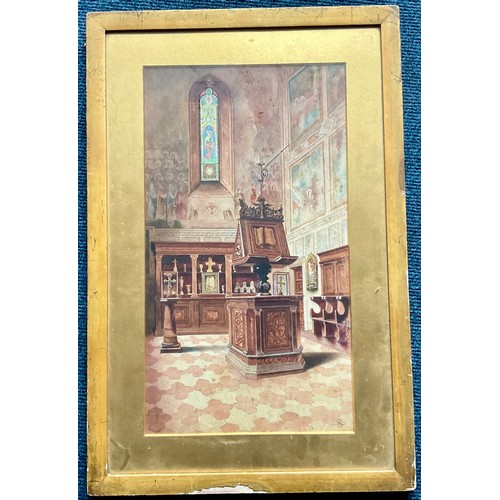 33 - WATERCOLOUR CHAPEL INTERIOR, MABEL ALICE BUTLER, MONOGRAMMED BOTTOM RIGHT AND A WATERCOLOUR ENTITLED... 