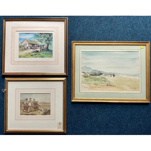 34 - 2 WATERCOLOURS, ONE LABELLED ‘THE BIRD CATCHER, HEMSLEY’, A BEACH SCENE WITH FISHERMEN AND AN OIL ON... 