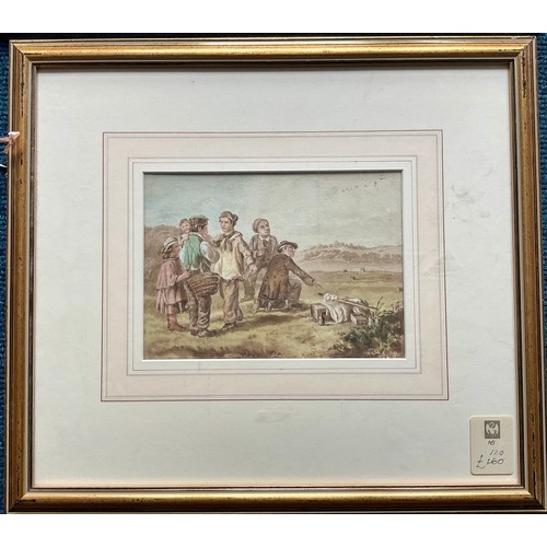 34 - 2 WATERCOLOURS, ONE LABELLED ‘THE BIRD CATCHER, HEMSLEY’, A BEACH SCENE WITH FISHERMEN AND AN OIL ON... 