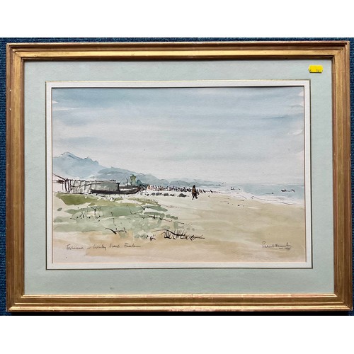 34 - 2 WATERCOLOURS, ONE LABELLED ‘THE BIRD CATCHER, HEMSLEY’, A BEACH SCENE WITH FISHERMEN AND AN OIL ON... 