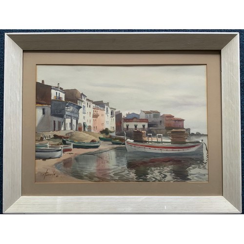 29 - WATERCOLOUR HARBOUR SCENE INDISTINCTLY SIGNED  54cm x 37cm. FRAME  72cm x  55cm