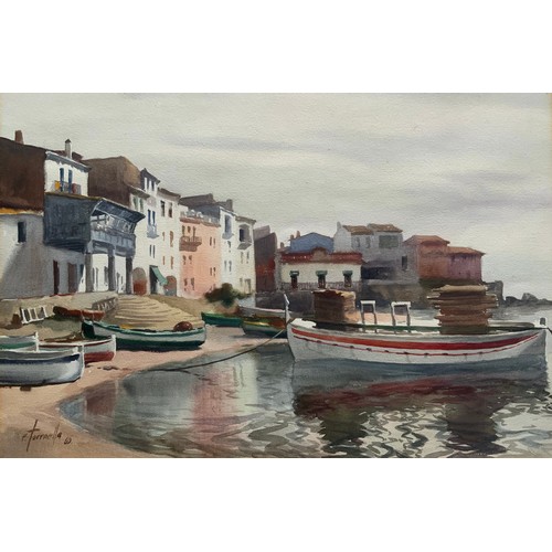 29 - WATERCOLOUR HARBOUR SCENE INDISTINCTLY SIGNED  54cm x 37cm. FRAME  72cm x  55cm