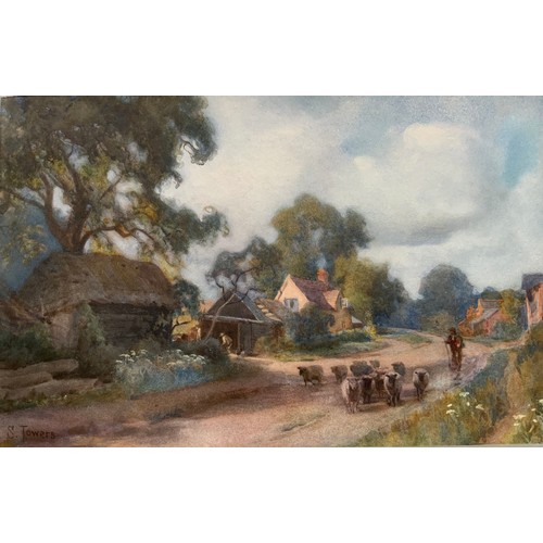 26 - WATERCOLOUR WITH SIGNATURE S. TOWERS, POSSIBLY SAM TOWERS DEPICTING VILLAGE SCENE WITH SHEEP AND DRO... 