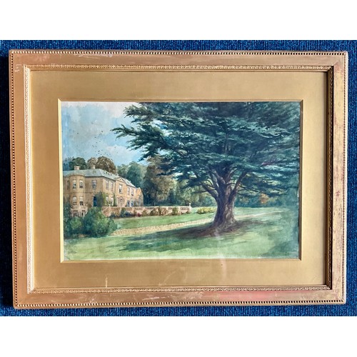 28 - GILT FRAMED UNSIGNED WATERCOLOUR WITH MANOR HOUSE AND GROUNDS DEPICTION BELIEVED TO BE A BROADWAY LO... 