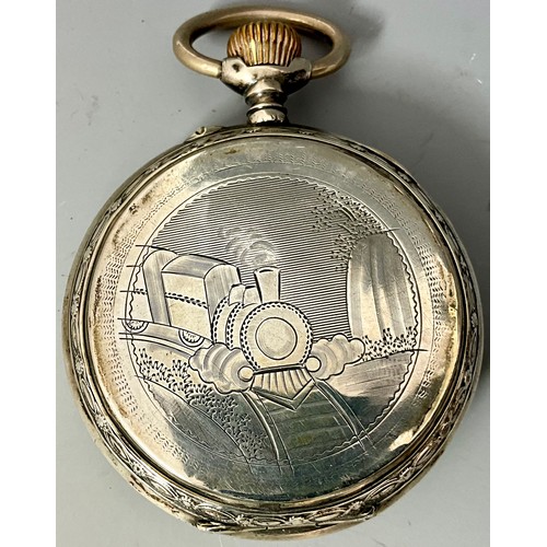 278 - A REMONTOIR POCKET WATCH, WITH ROMAN NUMERALS AND ENGRAVED TRAIN ON REAR. STAMPED INSIDE  NO 73349 &... 