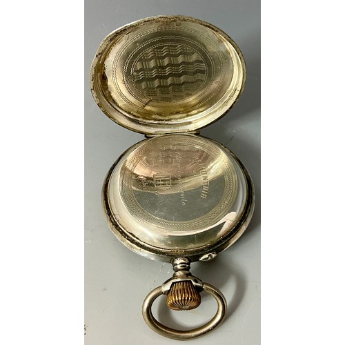 278 - A REMONTOIR POCKET WATCH, WITH ROMAN NUMERALS AND ENGRAVED TRAIN ON REAR. STAMPED INSIDE  NO 73349 &... 