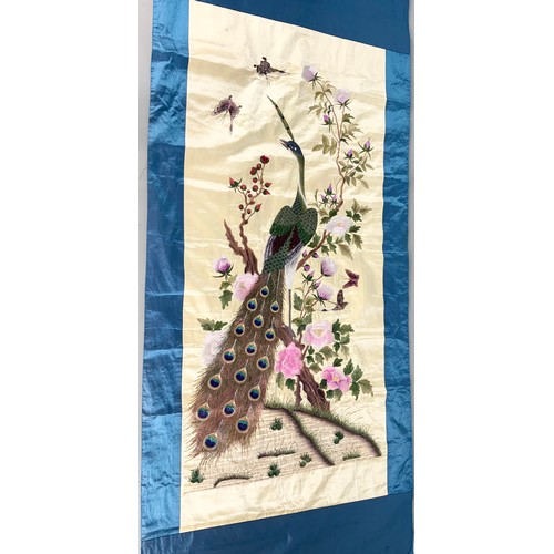 74 - CHINESE SILK EMBROIDERY DEPICTING A PEACOCK ON PEONY BRANCH WITH BUTTERFLIES 173cm x 75cm