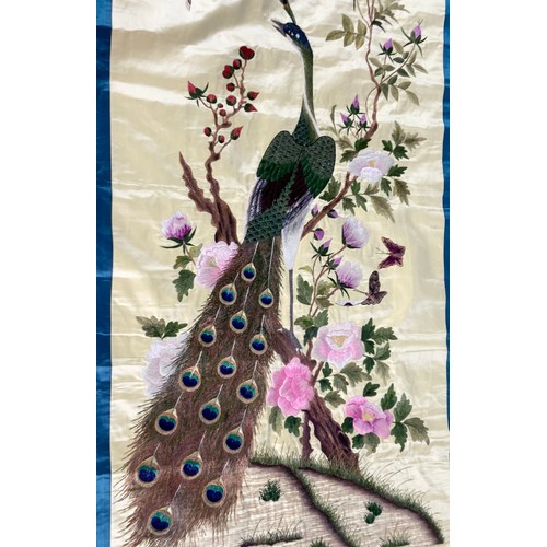 74 - CHINESE SILK EMBROIDERY DEPICTING A PEACOCK ON PEONY BRANCH WITH BUTTERFLIES 173cm x 75cm