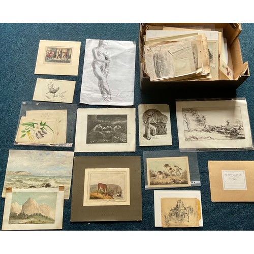 70 - ++ Withdrawn ++ TRAY CONTAINING A LARGE QUANTITY OF INTERESTING UNFRAMED PICTURES AND PRINTS, A ‘GLO... 