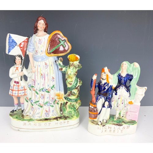 130 - STAFFORDSHIRE FIGURES  & MODELS INC BAND OF HOPE 35.5cm TALL, HIGHLAND JESS, GREYHOUND PEN HOLDERS E... 