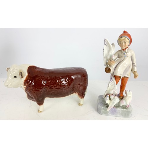 128 - VARIOUS FIGURES INCLUDING BESWICK HEREFORD BULL A/F, ROYAL DOULTON BALLOON LADY AND ROYAL WORCESTER ... 