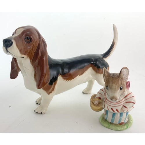 148 - BESWICK DACHSHUND MODEL, BESWICK BEATRIX POTTER MRS TITTLEMOUSE & 2 DACHSHUND MODELS