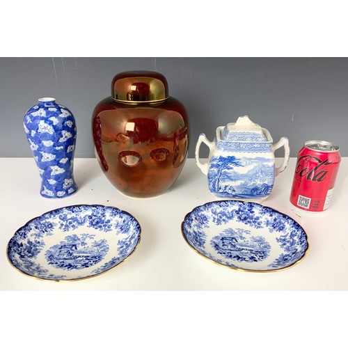 187 - MISC. CHINA INCLUDING A CARLTON WARE LUSTRE GINGER JAR, OLD HALL TEA CADDY AND COVER AND AN ORIENTAL... 