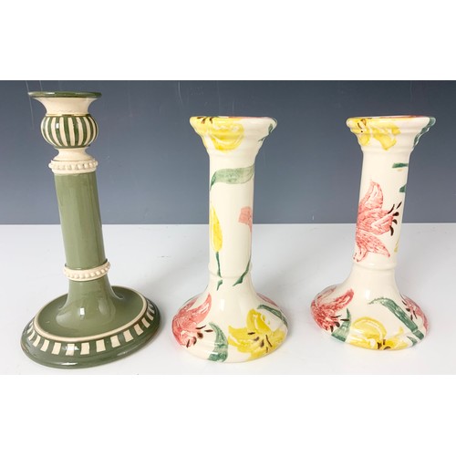 212 - PAIR OF SPONGEWARE CANDLESTICKS POSSIBLY EMMA BRIDGEWATER? & A MACINTYRE TALUF FAIENCE CANDLESTICK E... 