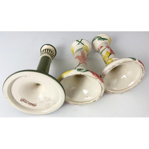 212 - PAIR OF SPONGEWARE CANDLESTICKS POSSIBLY EMMA BRIDGEWATER? & A MACINTYRE TALUF FAIENCE CANDLESTICK E... 