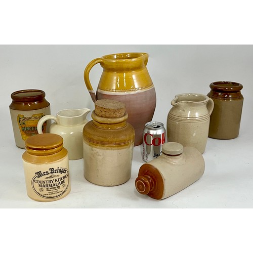 214 - COLLECTION OF CLAYWARE MINCEMEAT AND MARMALDE JARS, A HOT WATER BOTTLE AND JUGS (8)