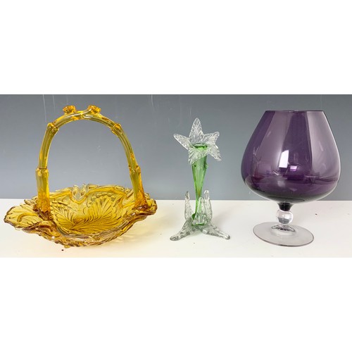 223 - MISC. COLOURED GLASSWARE INCLUDING COLOUR GLASS BASKET, GREEN STOURBRIDGE JACK IN THE PULPIT VASE, S... 