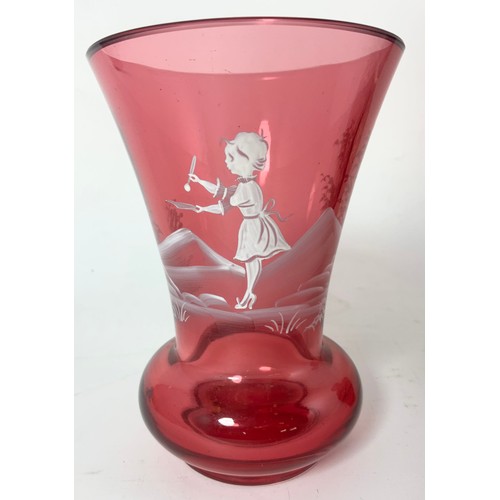 228 - MARY GREGORY  STYLE CRANBERRY GLASS VASE  14cm TALL WITH A RUBY GLASS VASE WITH GILT OVERLAY