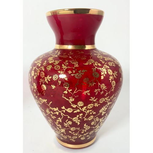 228 - MARY GREGORY  STYLE CRANBERRY GLASS VASE  14cm TALL WITH A RUBY GLASS VASE WITH GILT OVERLAY