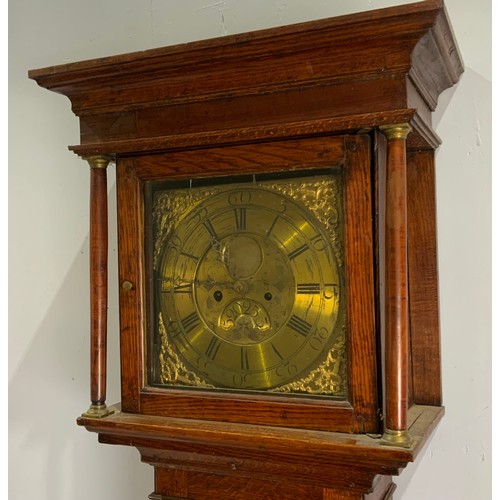 246 - OAK LONG CASE CLOCK HAVING EIGHT DAY MOVEMENT, BRASS DIAL AND SPANDRELS WITH GWR DUDLEY PAPER LABEL