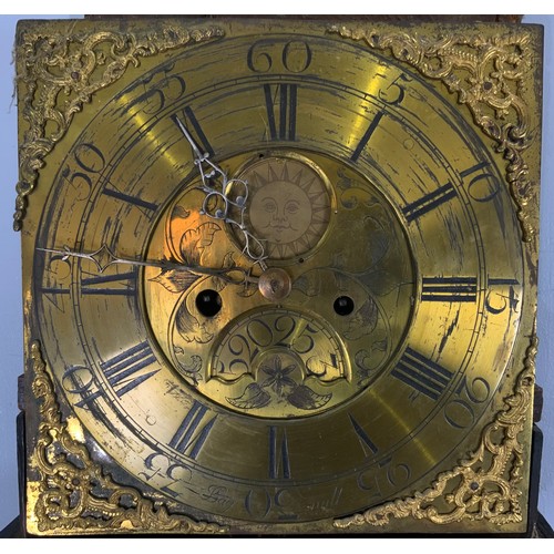 246 - OAK LONG CASE CLOCK HAVING EIGHT DAY MOVEMENT, BRASS DIAL AND SPANDRELS WITH GWR DUDLEY PAPER LABEL