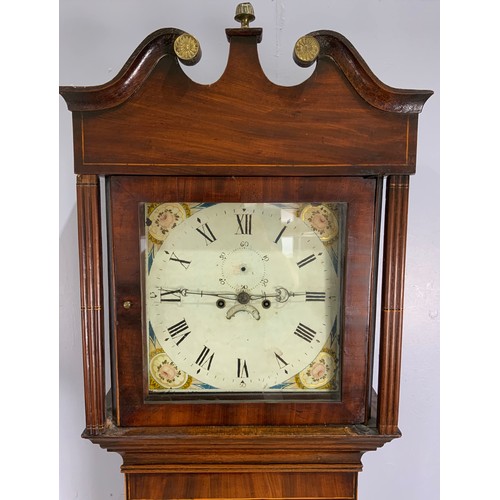 247 - OAK AND MAHOGANY LONGCASE CLOCK, PAINTED DIAL, TWIN TRAIN FUSEE 8 DAY MOVEMENT STRIKING ON A BELL