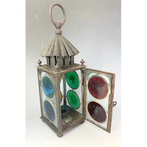 265 - 2 DECORATIVE COLOURFUL GLASS LANTERNS, SHADES TALLEST 50cm