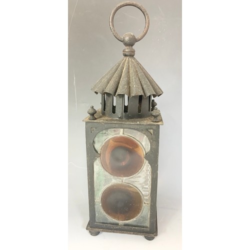 265 - 2 DECORATIVE COLOURFUL GLASS LANTERNS, SHADES TALLEST 50cm