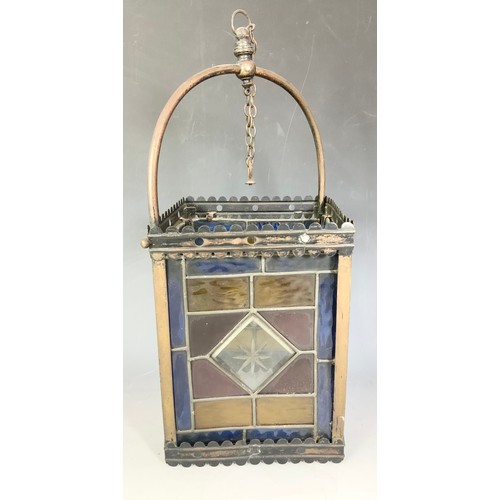 265 - 2 DECORATIVE COLOURFUL GLASS LANTERNS, SHADES TALLEST 50cm