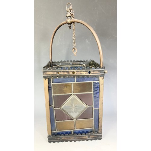 265 - 2 DECORATIVE COLOURFUL GLASS LANTERNS, SHADES TALLEST 50cm