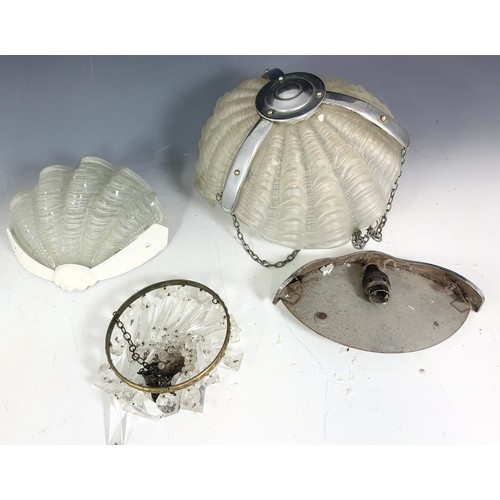 268 - VINTAGE SHELL LAMPSHADE & WALL POCKET AND A GLASS CHANDELIER