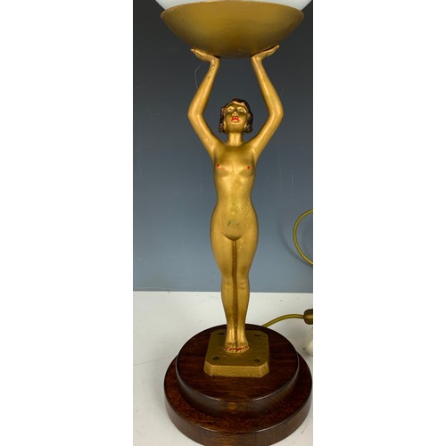 259 - ART DECO STYLE TABLE LAMP FEATURING A GLOBE SUPPORTED BY A NUDE LADY (REPLACEMENT GLOBE)