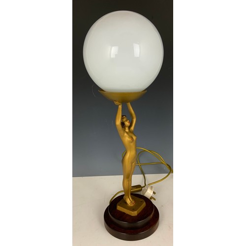 259 - ART DECO STYLE TABLE LAMP FEATURING A GLOBE SUPPORTED BY A NUDE LADY (REPLACEMENT GLOBE)