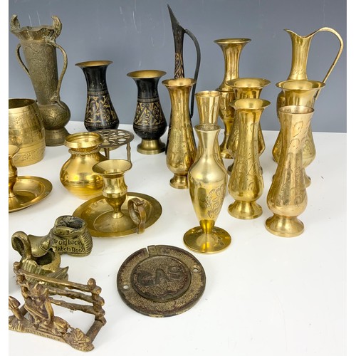 300 - A COLLECTION OF BRASSWARE INCLUDING CANDLEHOLDERS, VASES, SHOES