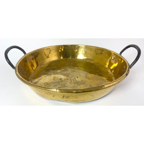 297 - BRASS PRESERVE PAN, BRASS CANDLESTICK TOGETHER WITH A PAIR OF DWARF BRASS CANDLESTICKS