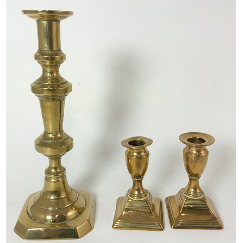 297 - BRASS PRESERVE PAN, BRASS CANDLESTICK TOGETHER WITH A PAIR OF DWARF BRASS CANDLESTICKS