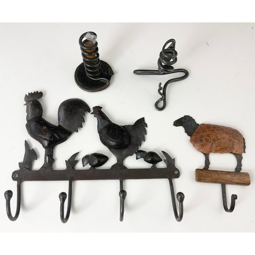 307 - 2 HANDMADE WROUGHT IRON CANDLESTICKS, CHICKEN COAT HOOKS AND A SHEEP COAT HOOK