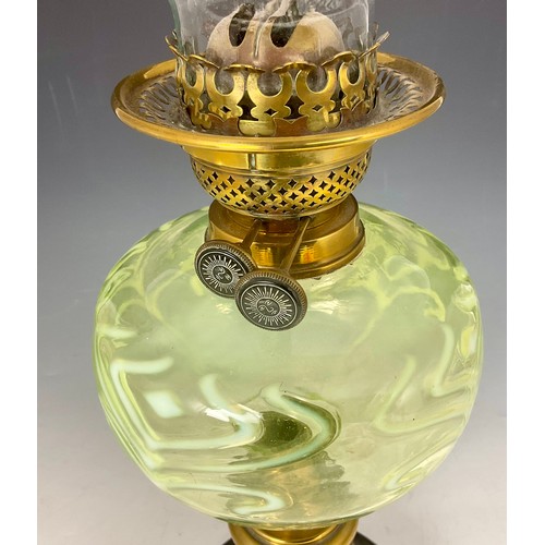 273 - OIL LAMP WITH VASELINE GLASS RESERVOIR, APPROX. 42 cm excl. chimney