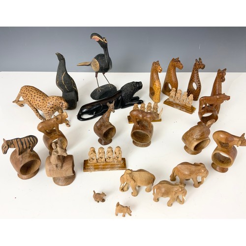 330 - SELECTION OF AFRICAN CARVED WOODEN ANIMAL NAPKIN HOLDERS, AND CARVED BIRDS, MONKEYS, ELEPHANT FIGURI... 