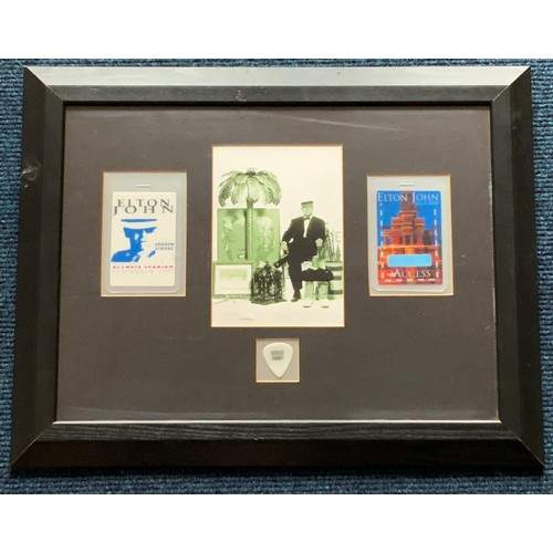 89 - 5 ROCK MEMORABILIA PICTURES FRAMED WITH TOUR PASSES AND NUMBERED PLECTRUMS
ELTON JOHN STOCKHOLM 1992... 