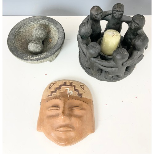 347 - MEXICAN MOLCAJETE PESTLE AND MORTAR MADE FROM VOLCANIC STONE, MEXICAN CLAY MASK AND MEXICAN CIRCLE O... 