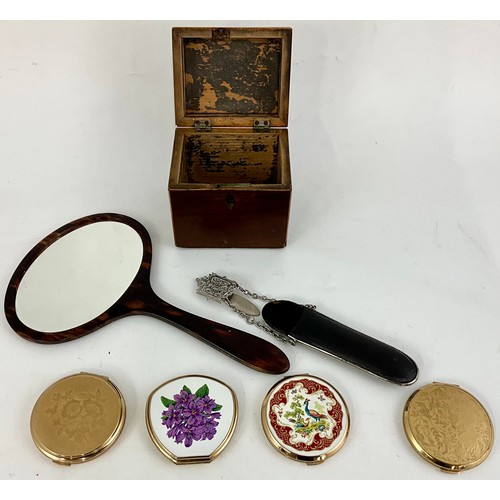 350 - 4 STRATTAN POWDER COMPACTS, FAUX TORTOISE SHELL HAND MIRROR, CHATELAINE SPECTACLE CASE AND WOODEN CA... 