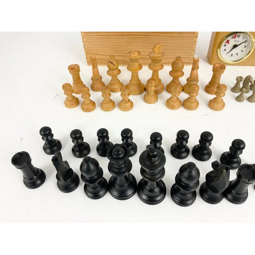 352 - STAUNTON WOODEN CHESS SET  KING 8cm, A SMALL MAGNETIC CHESS SET AND CHESS CLOCK