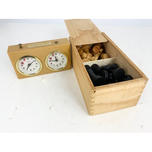 352 - STAUNTON WOODEN CHESS SET  KING 8cm, A SMALL MAGNETIC CHESS SET AND CHESS CLOCK