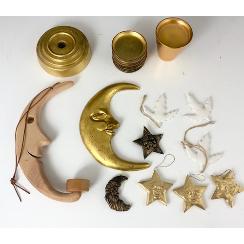 362 - 2 CRESCENT MOON HANGING DECORATIONS, SUN-MOON-AUTUMN LEAVES, CANDLE IN GOLD POT, CANDLE HOLDER, GOLD... 