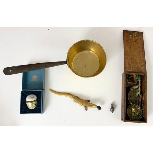 367 - MISC. ITEMS INCLUDING A BRASS SAUCEPAN, SET OF CASED BALANCE SCALES, NOVELTY BALLOON WHISTLE, AN EAS... 