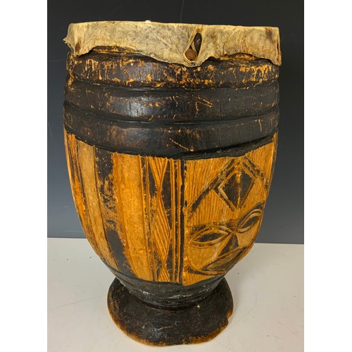 369 - TRIBAL ART CARVED DRUM 42.5cm TALL