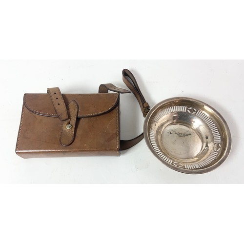 371 - JAMES DIXON & SONS SANDWICH TIN IN BROWN LEATHER CASE AND A PIERCED WHITE METAL DISH